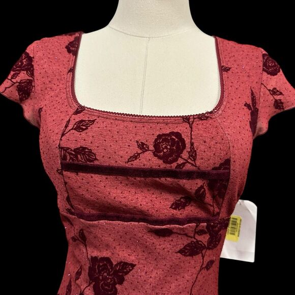 Y2K Goth Women’s Small Red Velvet Rose Floral Dress Square Neck Bodycon Romantic - Picture 7 of 12